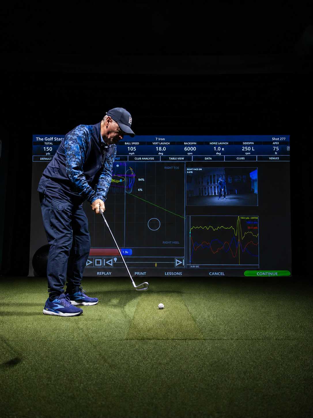 Golfer at address with launch monitor data at The Golf Station